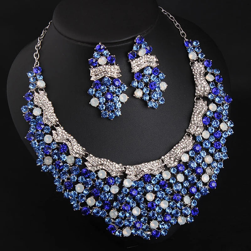 Luxury Blue Gem Rhinestone Jewelry Sets Crystal Statement Necklace Earring Set Bridal Party Wedding Women Indian Choker Bib Gift