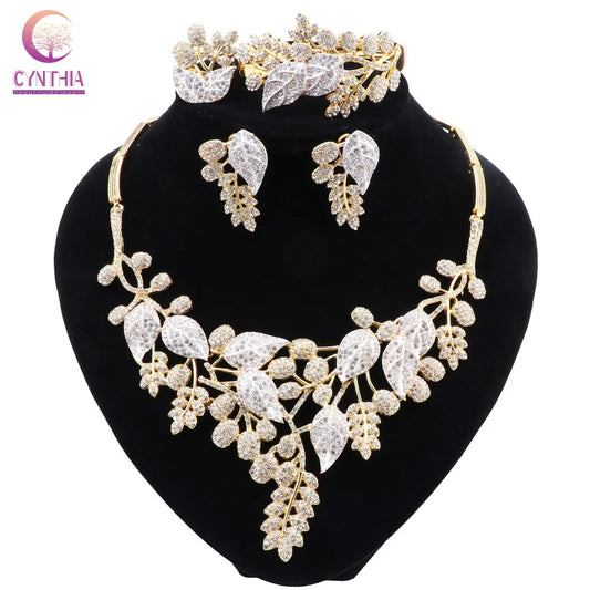 CYNTHIA New Indian Jewelry Sets Multicolor Bridal Wedding Crystal Dubai Leaves Shape Necklace Earring Bracelet Sets for Women