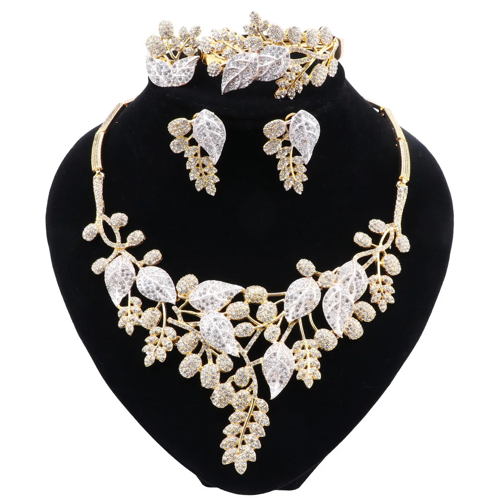 CYNTHIA New Indian Jewelry Sets Multicolor Bridal Wedding Crystal Dubai Leaves Shape Necklace Earring Bracelet Sets for Women