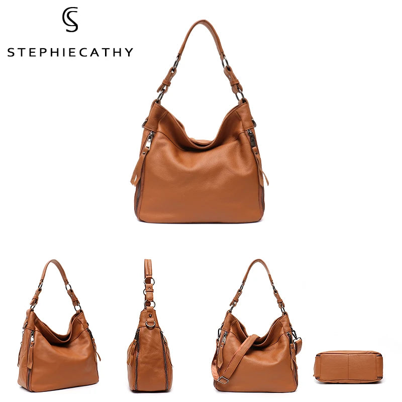 SC Large Soft Slouchy Leather Women Shoulder Bag Lady Cowhide Multi Pockets Casual Soft Hobo Female Messenger Real Skin Handbag