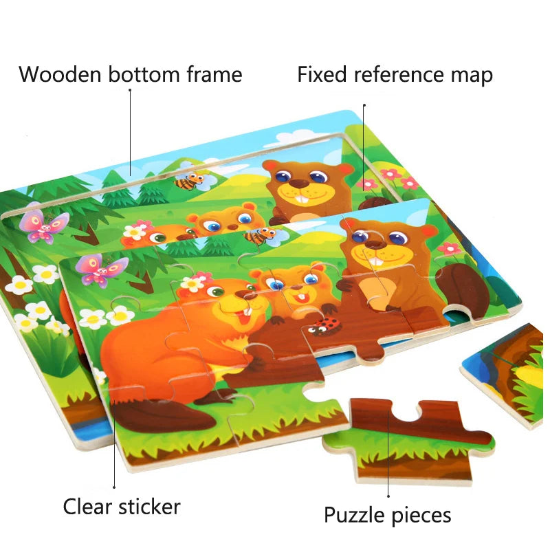 3D Wooden Puzzle Baby Montessori Toys Cartoon Animal Intelligence Wood Puzzles Early Learning Educational Toys for Children