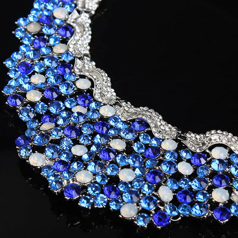 Luxury Blue Gem Rhinestone Jewelry Sets Crystal Statement Necklace Earring Set Bridal Party Wedding Women Indian Choker Bib Gift