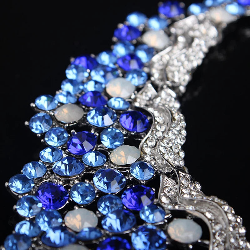 Luxury Blue Gem Rhinestone Jewelry Sets Crystal Statement Necklace Earring Set Bridal Party Wedding Women Indian Choker Bib Gift