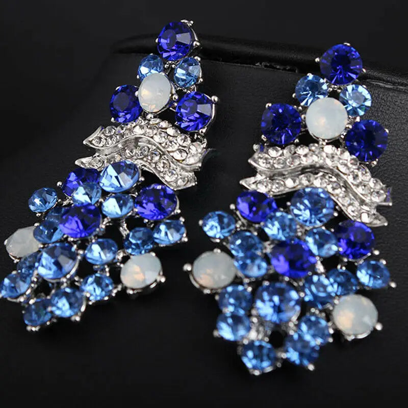 Luxury Blue Gem Rhinestone Jewelry Sets Crystal Statement Necklace Earring Set Bridal Party Wedding Women Indian Choker Bib Gift