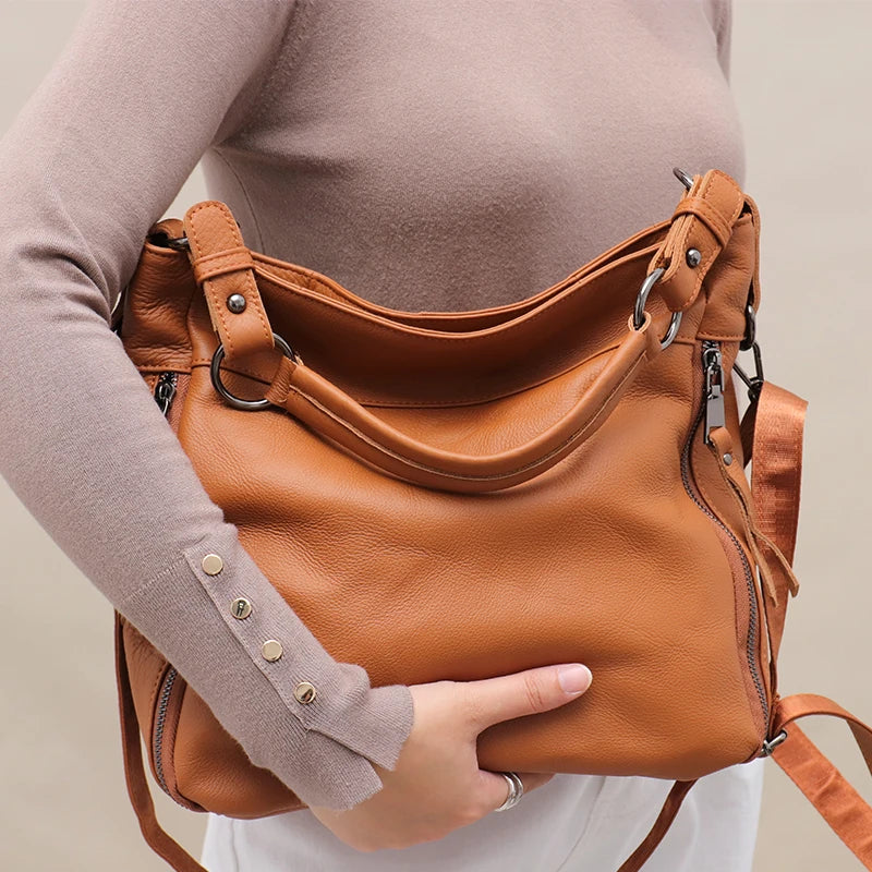 SC Large Soft Slouchy Leather Women Shoulder Bag Lady Cowhide Multi Pockets Casual Soft Hobo Female Messenger Real Skin Handbag