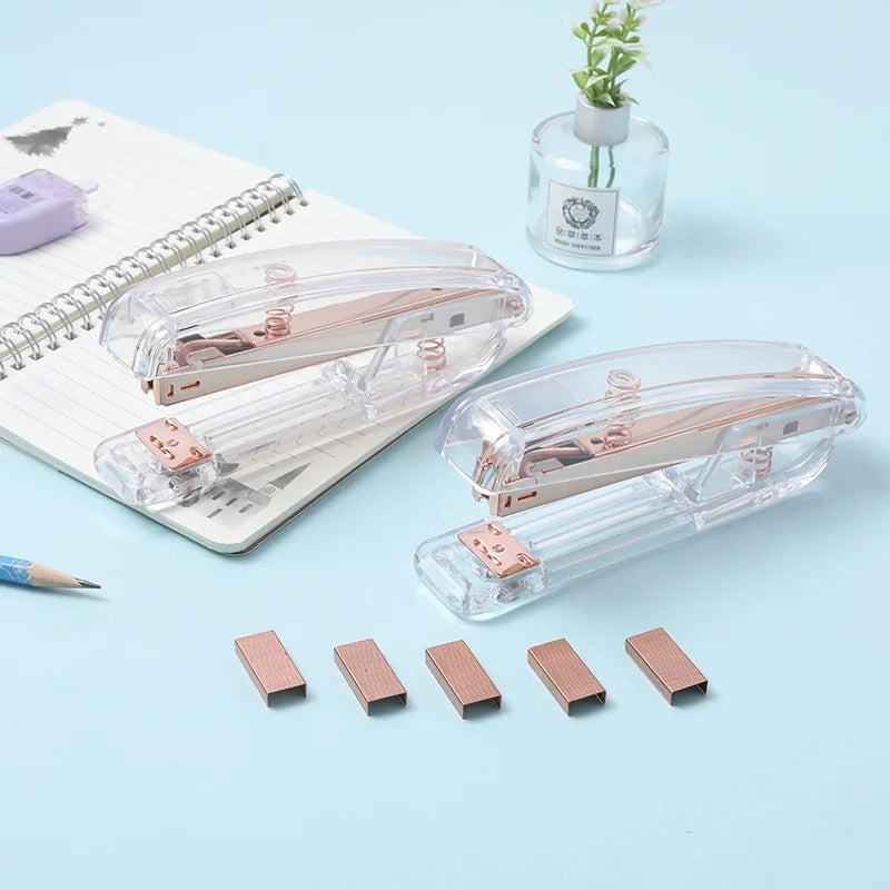 Rose Gold Color Stapler Set Acrylic Transparent Design Binder 24/6 Staples Stationery Office Binding Tools School Supplies F331