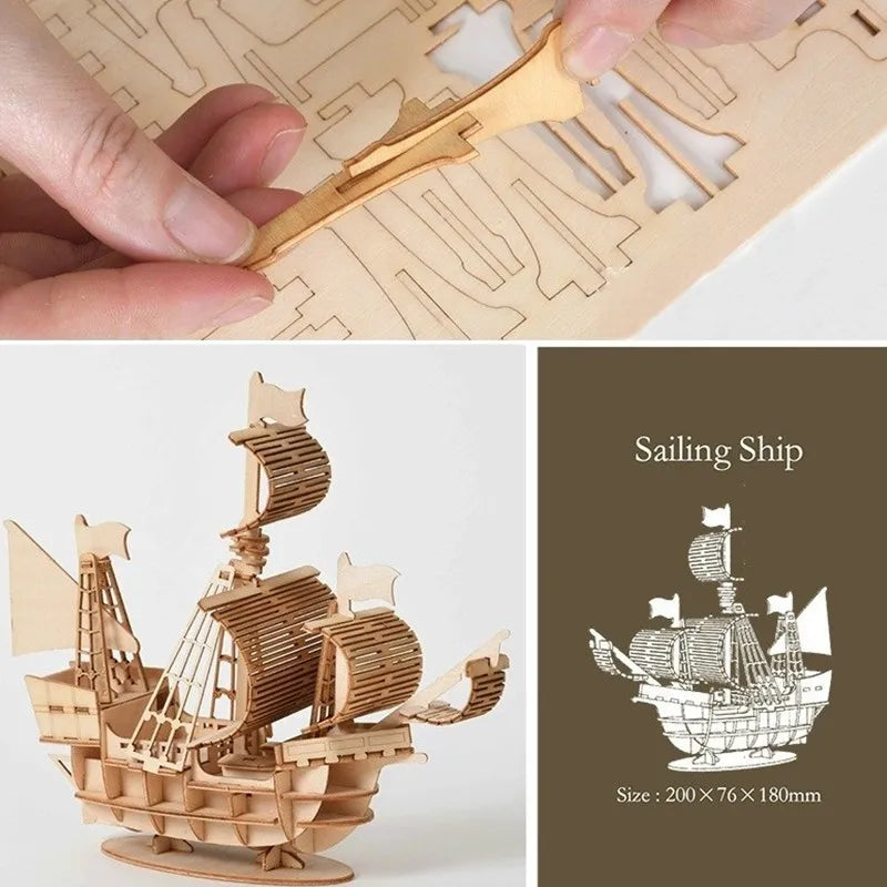 Laser Cutting DIY Sailing Ship Train Airplane Toys 3D Wooden Puzzle Toy Assembly Model Kits Desk Decoration for Children Kids