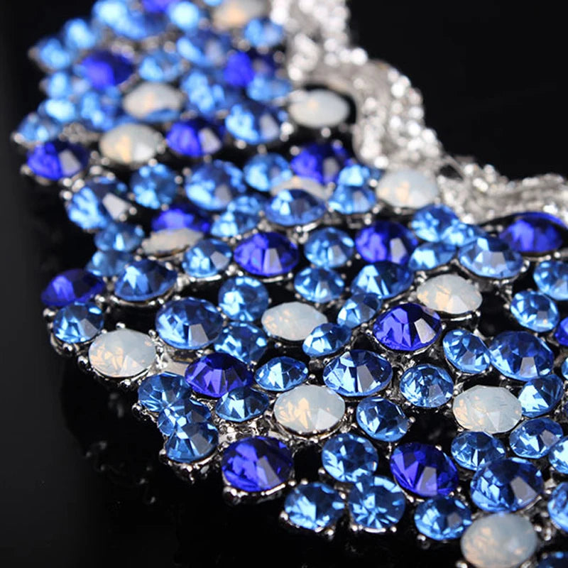 Luxury Blue Gem Rhinestone Jewelry Sets Crystal Statement Necklace Earring Set Bridal Party Wedding Women Indian Choker Bib Gift