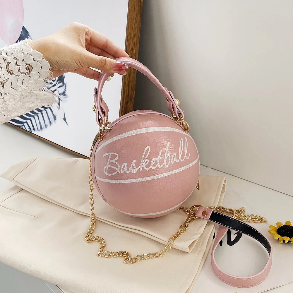 Personality  INS Fashion Women Ball Bag Soft PU Leather Round Crossbody Thick Chain Hand Bags And Purses Female Basketball Bag