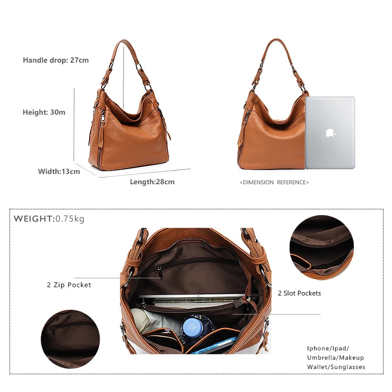 SC Large Soft Slouchy Leather Women Shoulder Bag Lady Cowhide Multi Pockets Casual Soft Hobo Female Messenger Real Skin Handbag