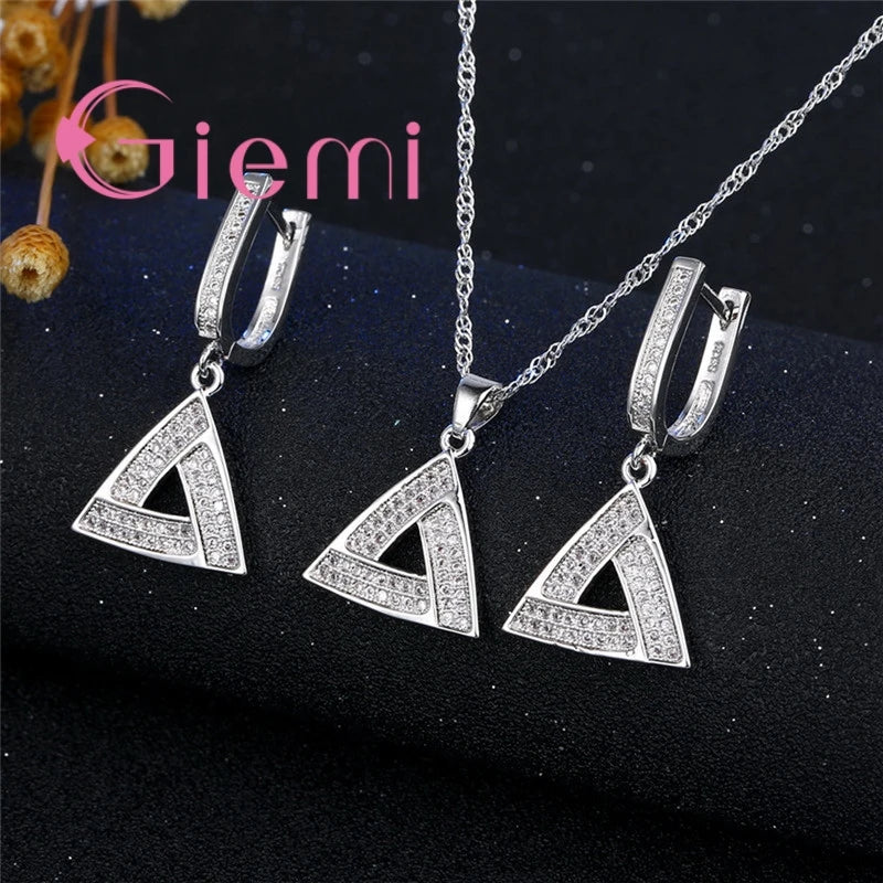 925 Silver Streling Silver Classic Triangle Necklace Earrings for Fashion Women Party Shopping Jewelry Set Cubic Zirconia