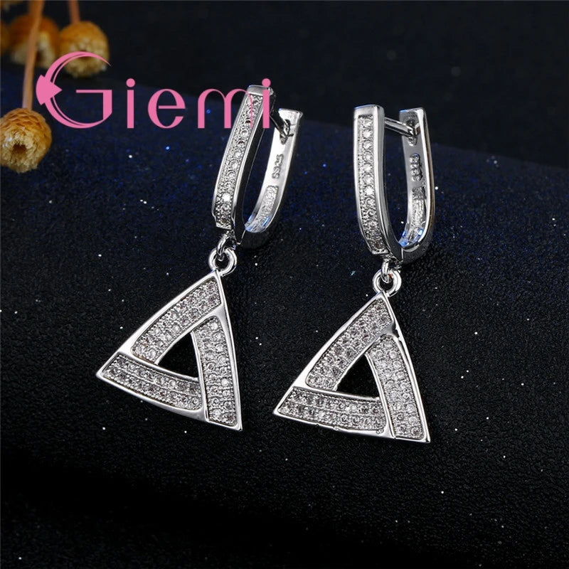 925 Silver Streling Silver Classic Triangle Necklace Earrings for Fashion Women Party Shopping Jewelry Set Cubic Zirconia