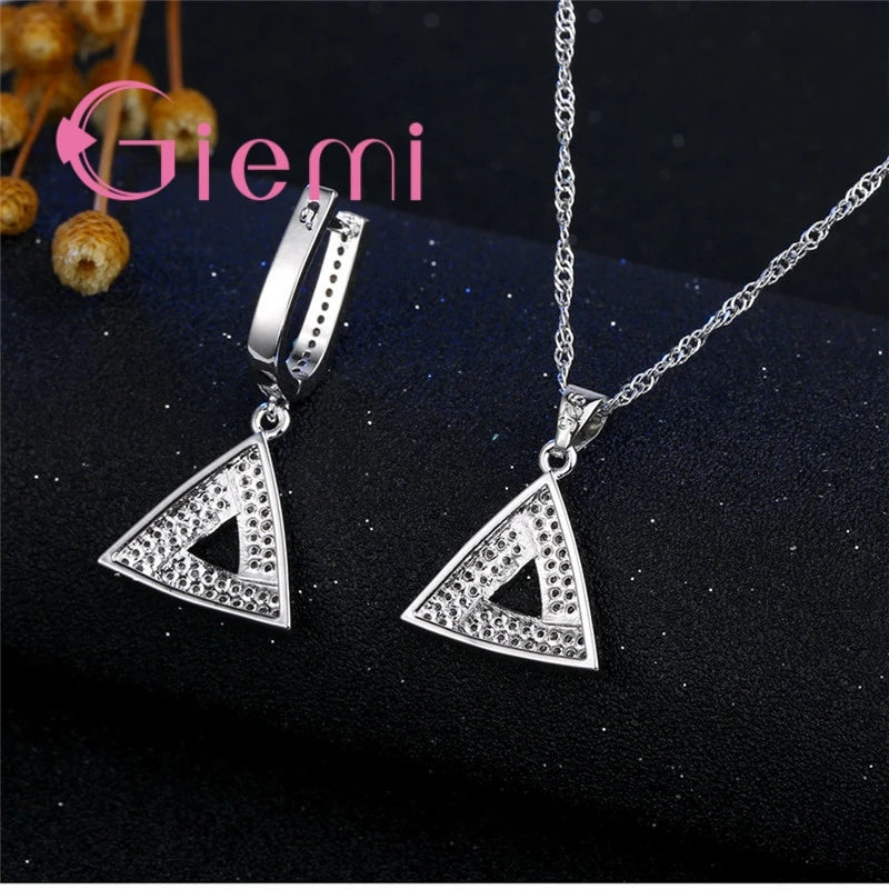 925 Silver Streling Silver Classic Triangle Necklace Earrings for Fashion Women Party Shopping Jewelry Set Cubic Zirconia