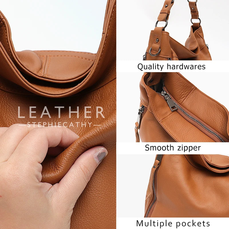 SC Large Soft Slouchy Leather Women Shoulder Bag Lady Cowhide Multi Pockets Casual Soft Hobo Female Messenger Real Skin Handbag