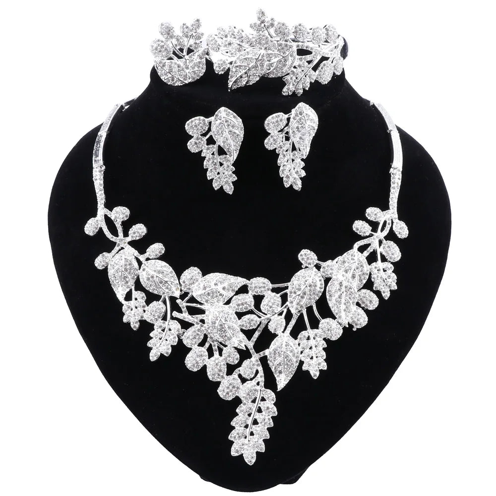 CYNTHIA New Indian Jewelry Sets Multicolor Bridal Wedding Crystal Dubai Leaves Shape Necklace Earring Bracelet Sets for Women