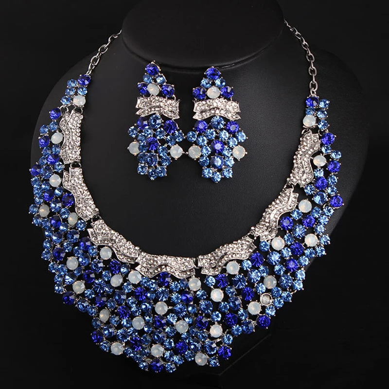 Luxury Blue Gem Rhinestone Jewelry Sets Crystal Statement Necklace Earring Set Bridal Party Wedding Women Indian Choker Bib Gift