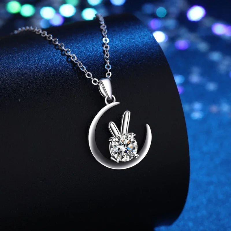 JoyceJelly 1ct D Color Moissanite 925 Sterling Silver Necklace For Women Moon Rabbit Pendant Clavicle Chain Gift For Girlfriend