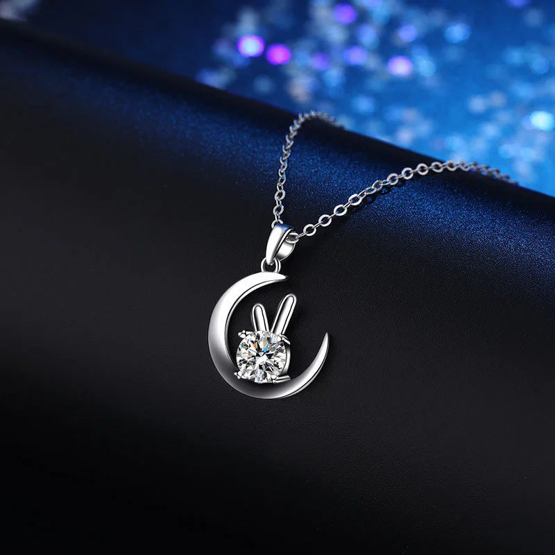 JoyceJelly 1ct D Color Moissanite 925 Sterling Silver Necklace For Women Moon Rabbit Pendant Clavicle Chain Gift For Girlfriend