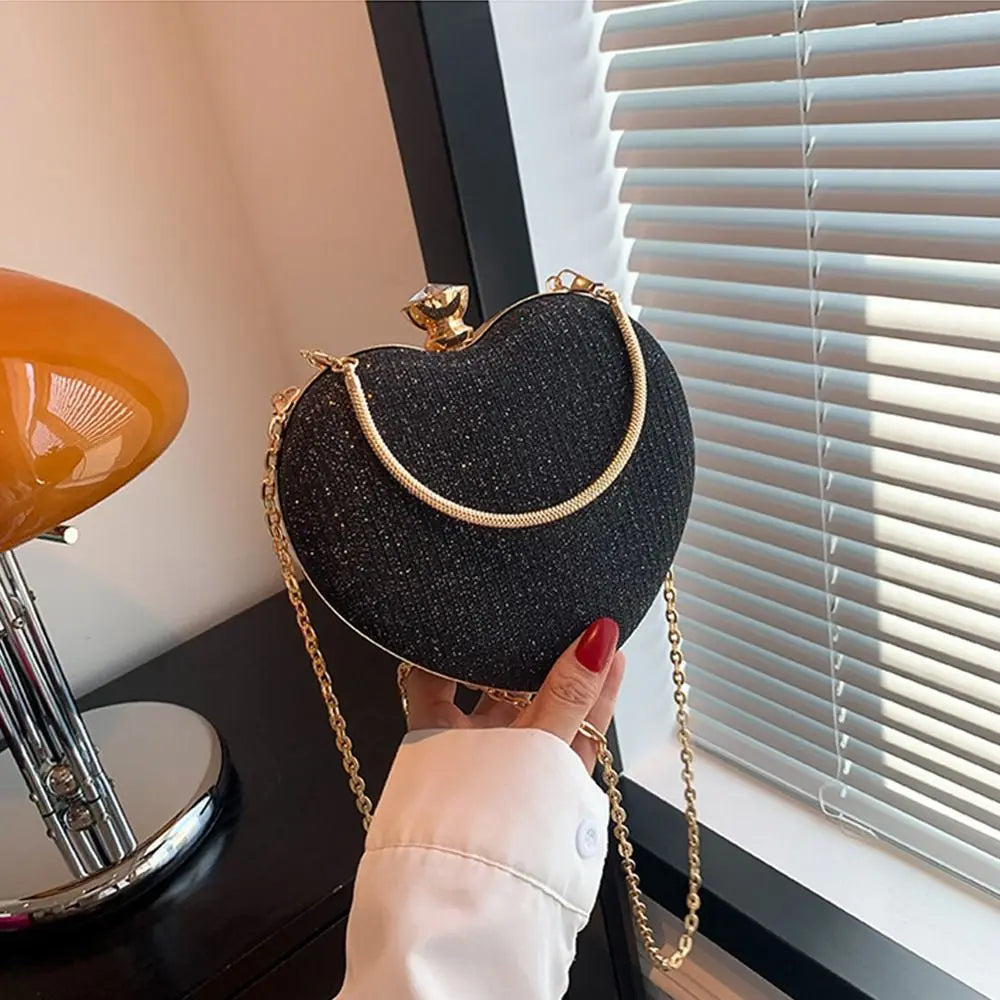 Luxury Clutch Bag Women Bag Shiny Handbag Heart Shape Metal Clutches Bag Fashion Chain Shoulder Crossbody Evening Bag Lady Purse