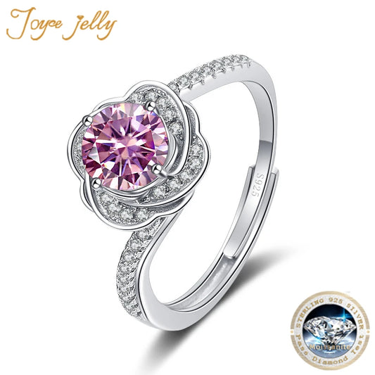 JoyceJelly 1ct 2ct Colored Moissanite Ring Camellia Design S925 Pure Silver Rings Simple Temperament Luxury Jewelry Girls' Gift