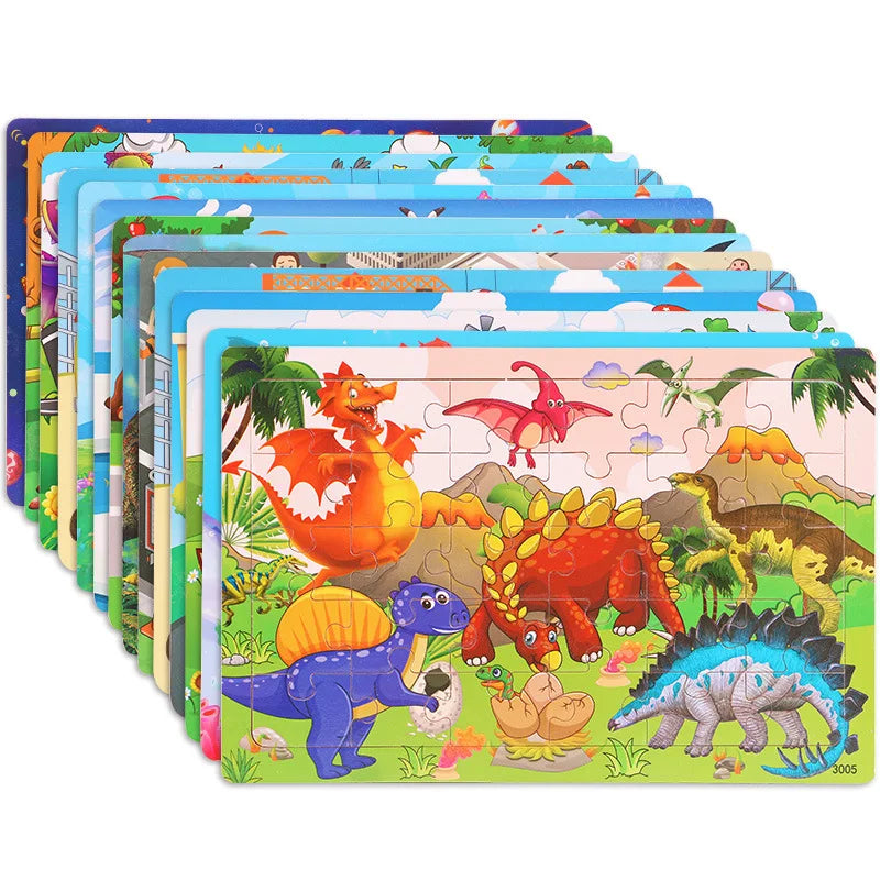 Wooden 30pcs Puzzles Children Animal Dinosaur Cartoon Plane Puzzle Baby Early Education and Intellectual Building Block Toys