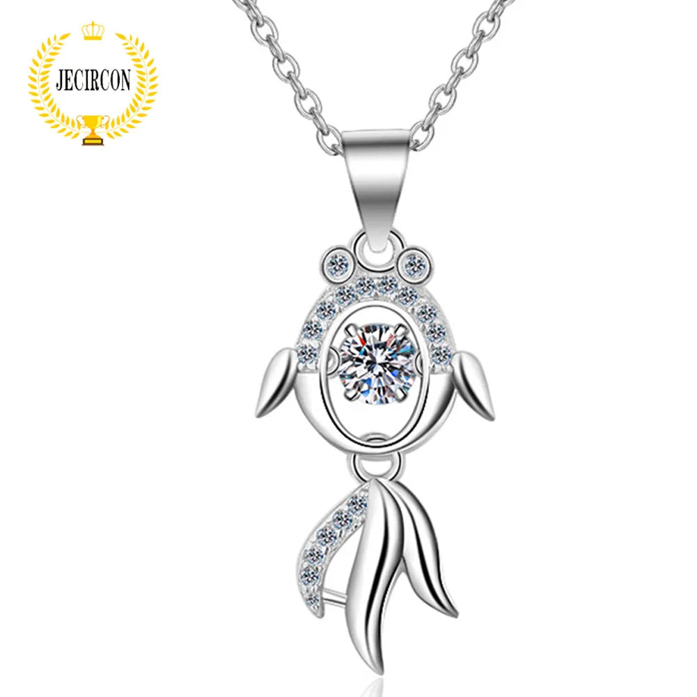 JECIRCON-Round Moissanite Necklace for Women 925 Sterling Silver Smart Fish Dancing Pendant Hip Hop Clavicle Chain D Color 0.3ct