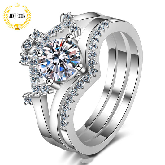 JECIRCON 0.8ct Moissanite Ring for Women Luxury 4-claw Wedding Band Crown 3 in 1 Simulation Diamond 925 Sterling Silver Jewelry