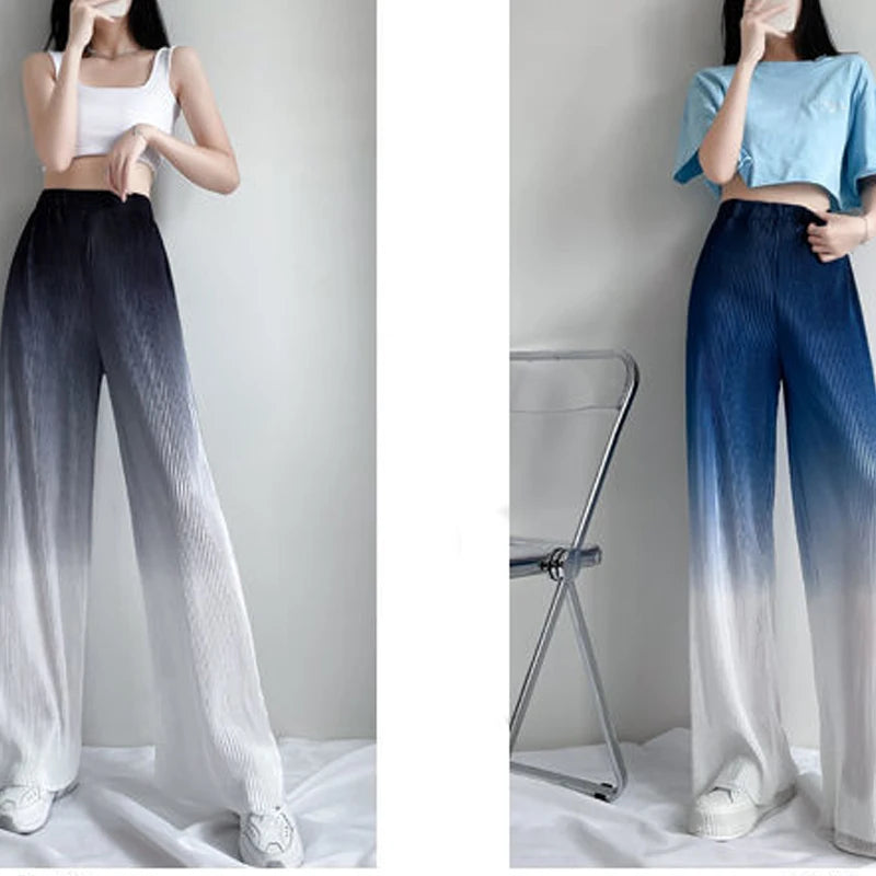 2022 Summer New Gradient Color Ice Silk Wide Leg Pants High Waist Thin Loose Straight Casual Trousers Comfortable Women Clothing