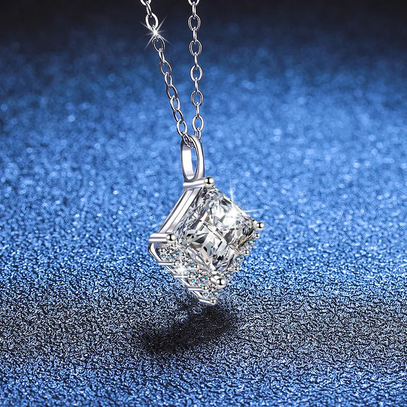 JECIRCON S925 Sterling Silver Necklace Female High-end Princess Sugar Cube Shaped Moissanite Diamond Pendant Jewelry 2ct 7x7mm