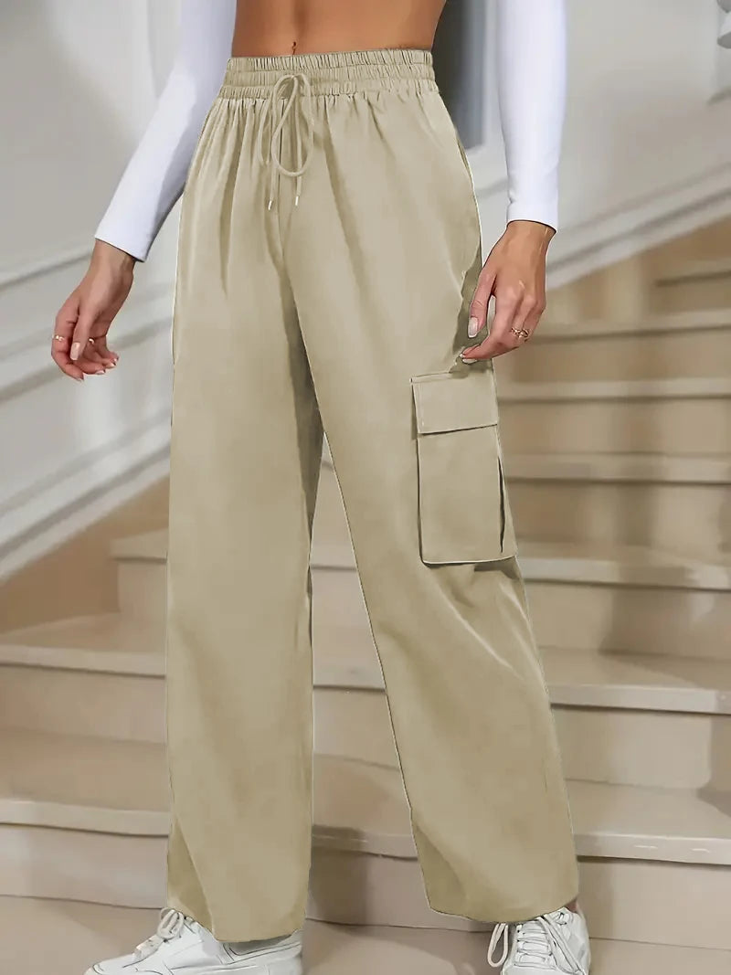 Women's High Waisted Wide-Leg Pants with Multiple Pockets for Casual and Athleisure Wear