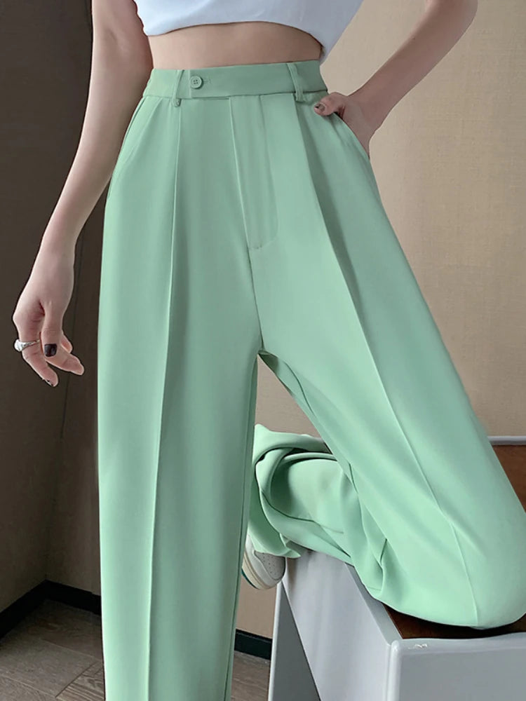 Woman Wide Leg Pants Casual Summer Loose Button Female Ice Silk Floor-Length Office Ladies Suits Pants Ladies Long Trousers