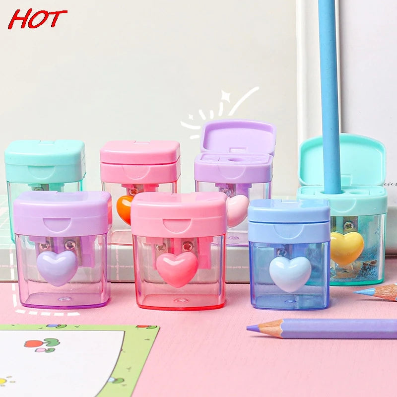 Mini Single Double Holes Heart Sharpener Portable Clear Pencil Sharpener With Lid Class Rewards Party Supplies For Children Gift