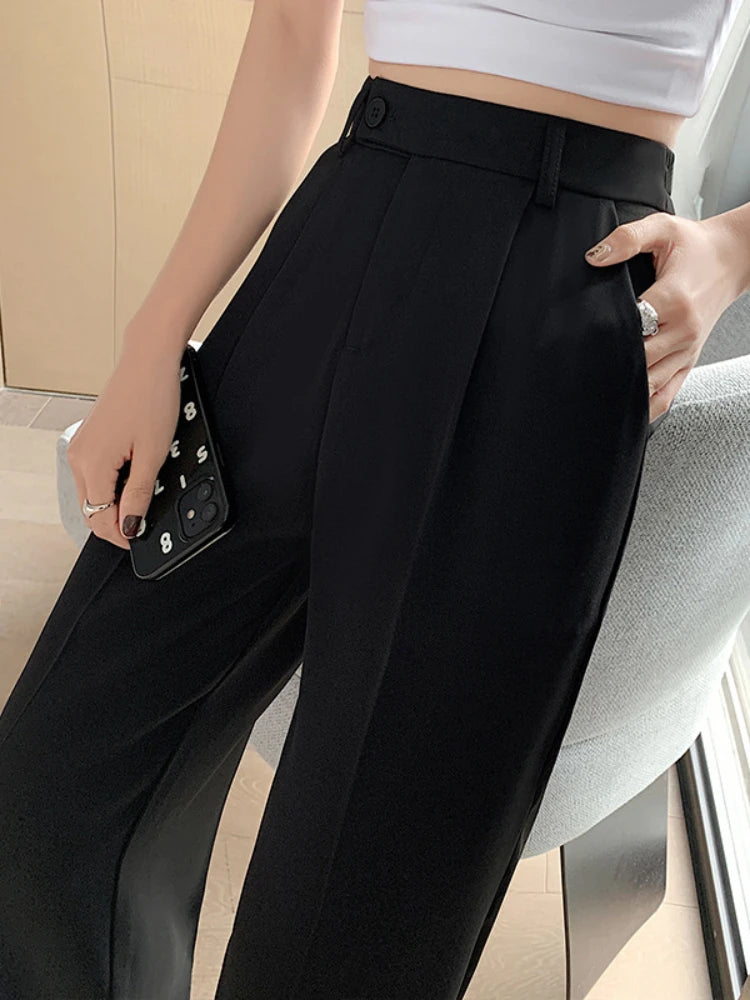 Woman Wide Leg Pants Casual Summer Loose Button Female Ice Silk Floor-Length Office Ladies Suits Pants Ladies Long Trousers