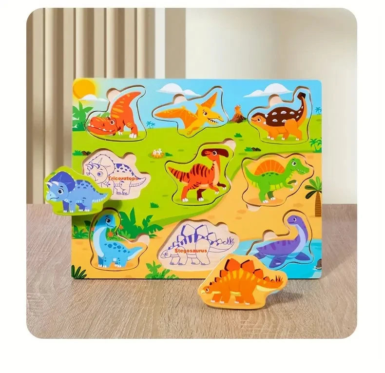 Montessori Wooden Puzzles Hand Grab Boards Tangram Jigsaw Toys Baby Educational Toys Cartoon Vehicle Animals Fruits 3D Puzzles