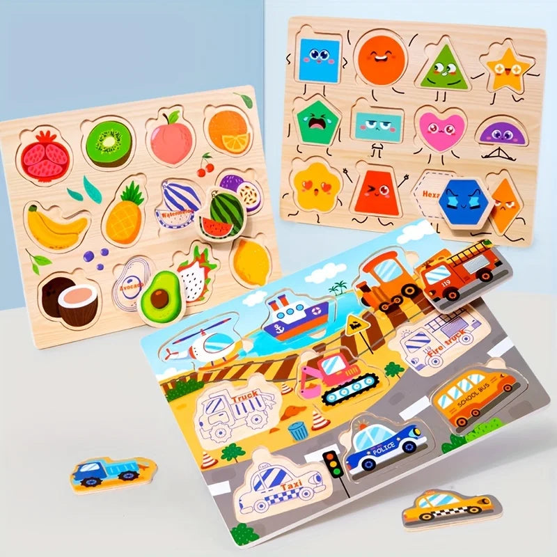 Montessori Wooden Puzzles Hand Grab Boards Tangram Jigsaw Toys Baby Educational Toys Cartoon Vehicle Animals Fruits 3D Puzzles