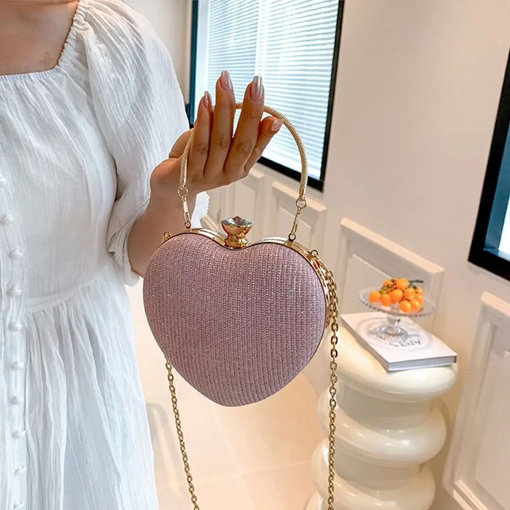 Luxury Clutch Bag Women Bag Shiny Handbag Heart Shape Metal Clutches Bag Fashion Chain Shoulder Crossbody Evening Bag Lady Purse