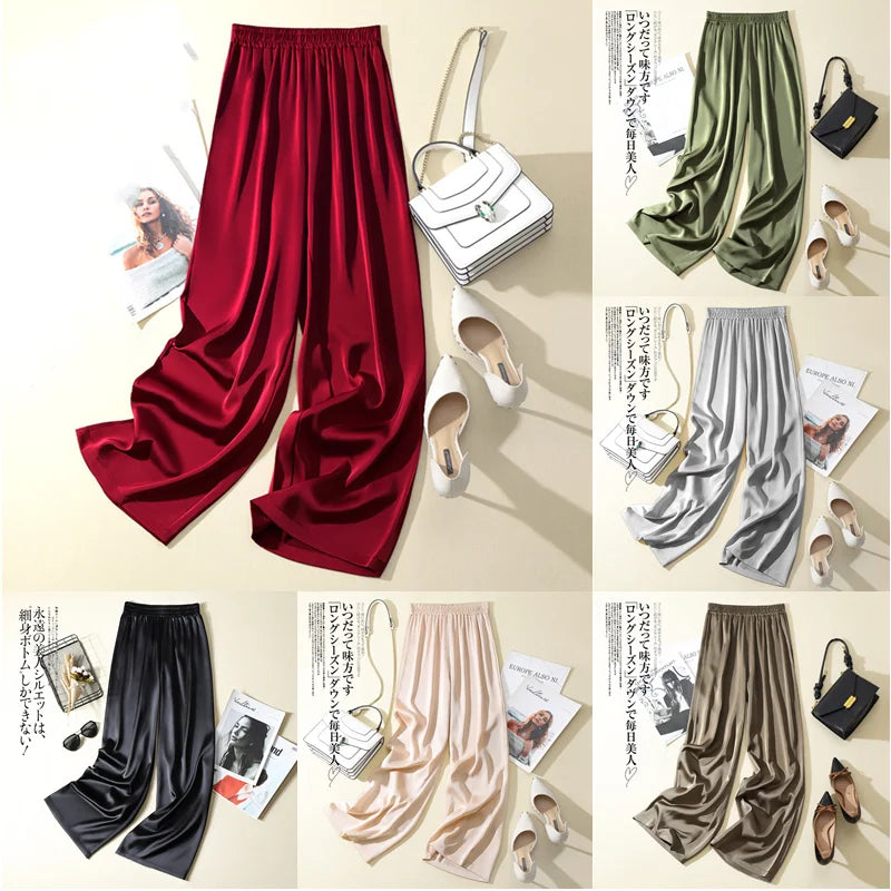 2022 Summer Women Wild Wide Leg Pants High Waist Casual Trousers Streetwear Black Silk Satin Pants Elegant Long Palazzo Pants