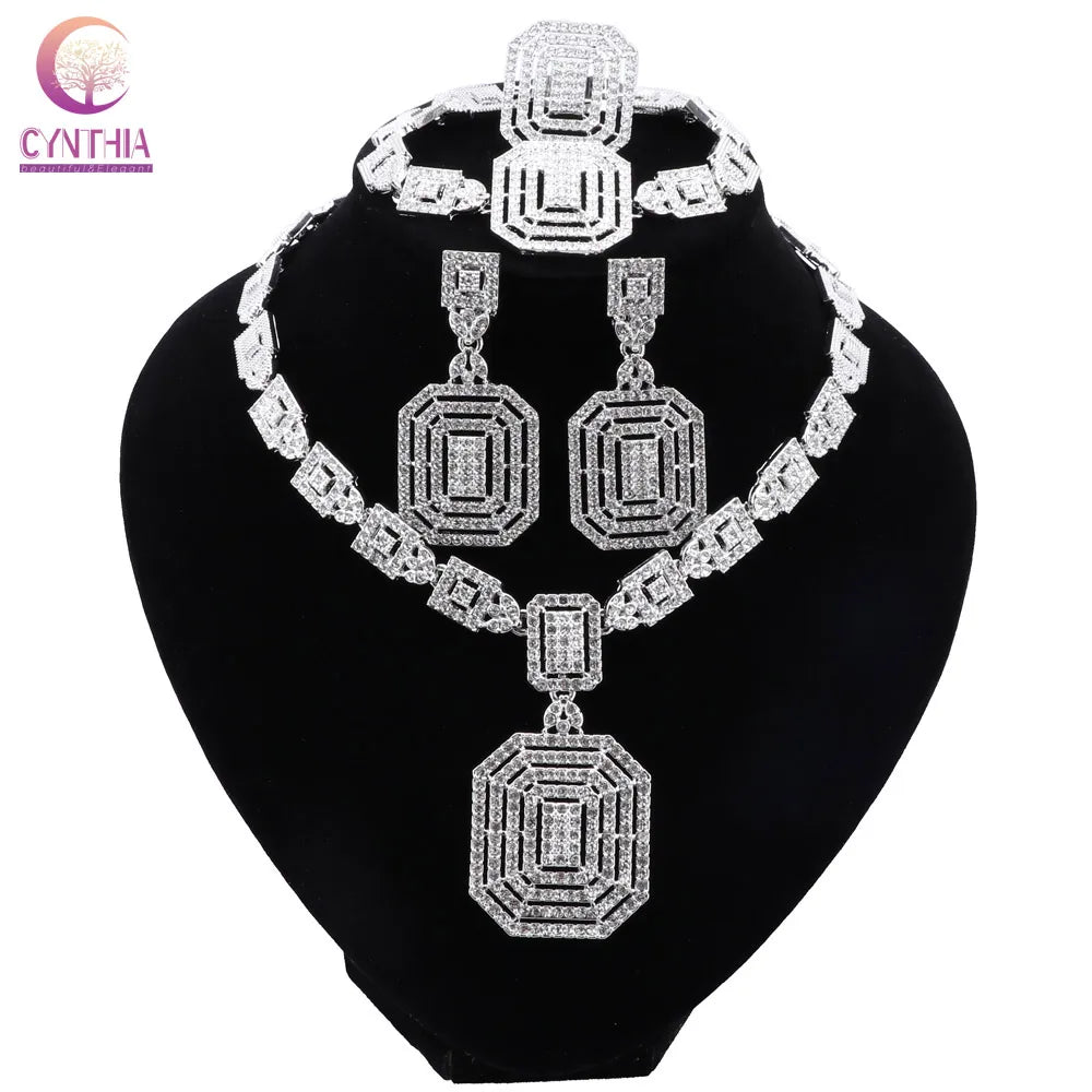 CYNTHIA Silver Plated Jewelry Sets For Women Necklace Earrings Bracelet Ring Dubai African Indian Bridal Accessory