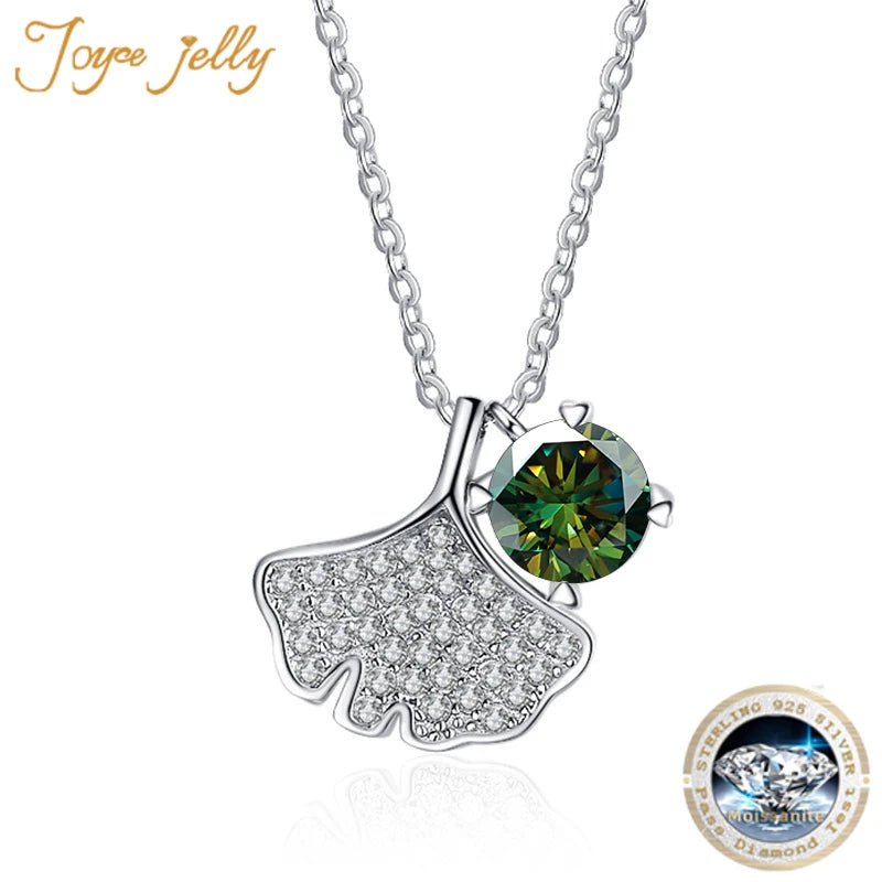 JoyceJelly S925 Sterling Silver 1ct VVS D Color 8H8A Cut Moissanite Diamond Necklaces Gingko Leaf Pendant Girls Clavicle Chain