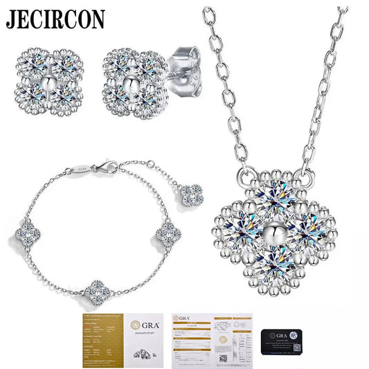 JECIRCON 925 Sterling Silver Moissanite Jewelry Set  4 Petal Flowers Pendant Necklace Bracelet Earrings for Women Silver color