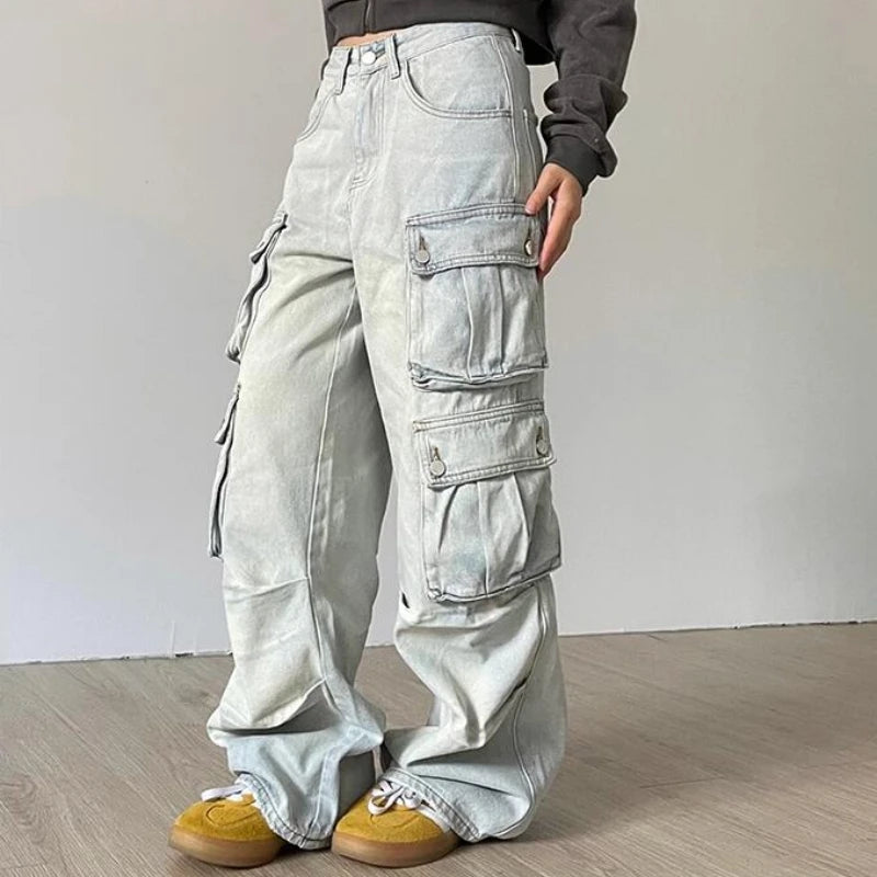 Autumn Winter New Ladies Cargo Jeans American Street Style Baggy Cargo Pants Women Blue Multi-pocket Wide Leg Jeans for Women