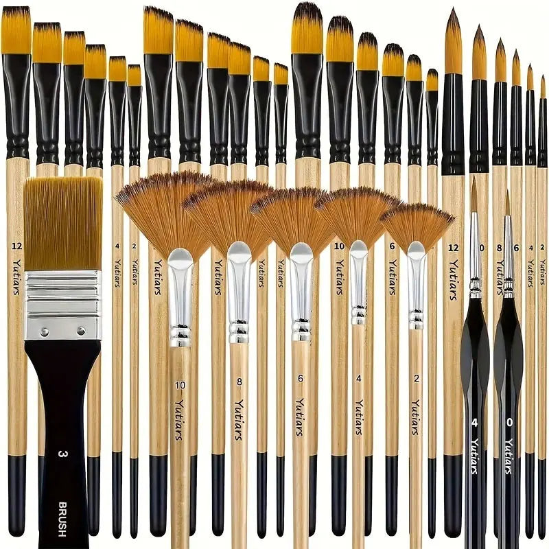 32 Pcs Paint Brushes for Acrylic Painting, Premium Nylon Bristles with Round, Filbert, Flat, Fan, Angle, Fine Detail Brush, Pain