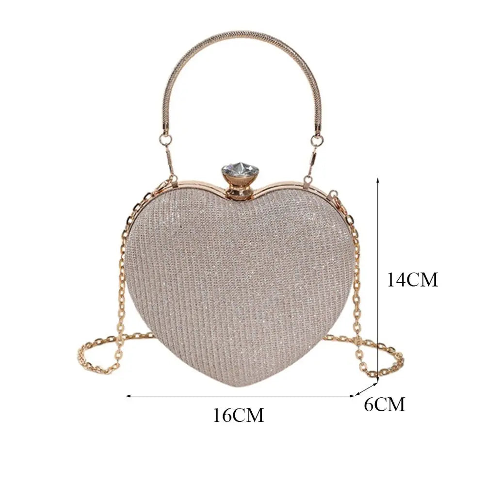 Luxury Clutch Bag Women Bag Shiny Handbag Heart Shape Metal Clutches Bag Fashion Chain Shoulder Crossbody Evening Bag Lady Purse