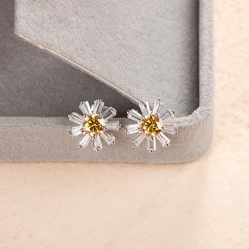 JoyceJelly Round 0.5ct Moissanite Earrings For Women Sterling Silver 925 Jewelry Sunflower Daisy Ear-studs For Girls Lovely Gift