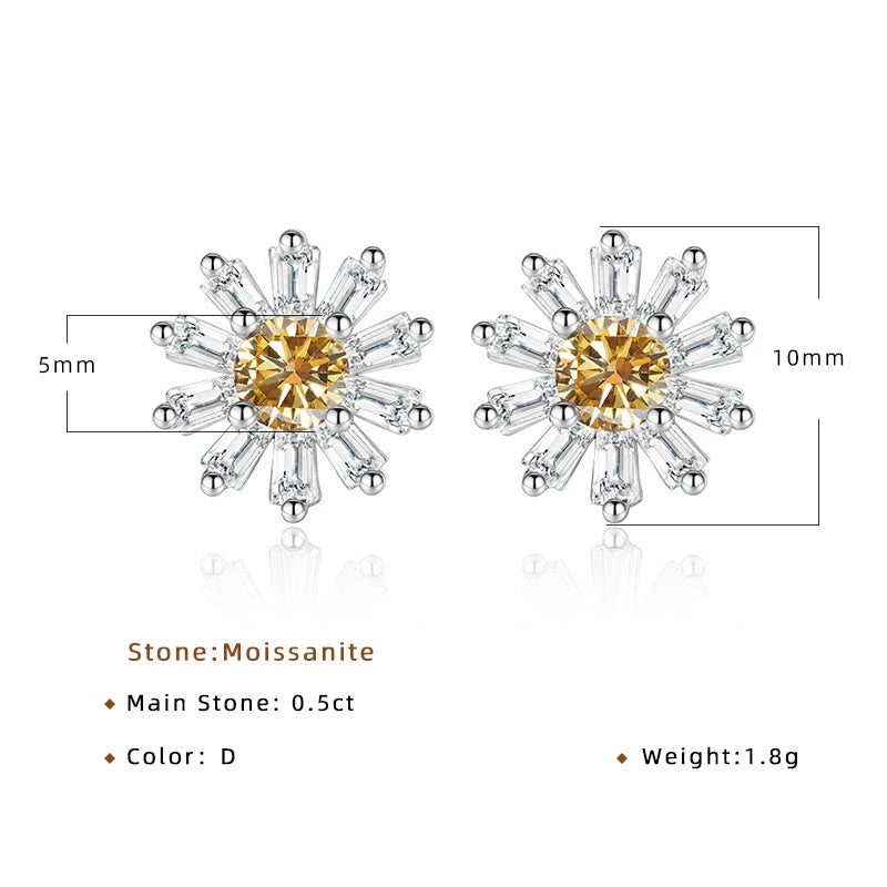 JoyceJelly Round 0.5ct Moissanite Earrings For Women Sterling Silver 925 Jewelry Sunflower Daisy Ear-studs For Girls Lovely Gift