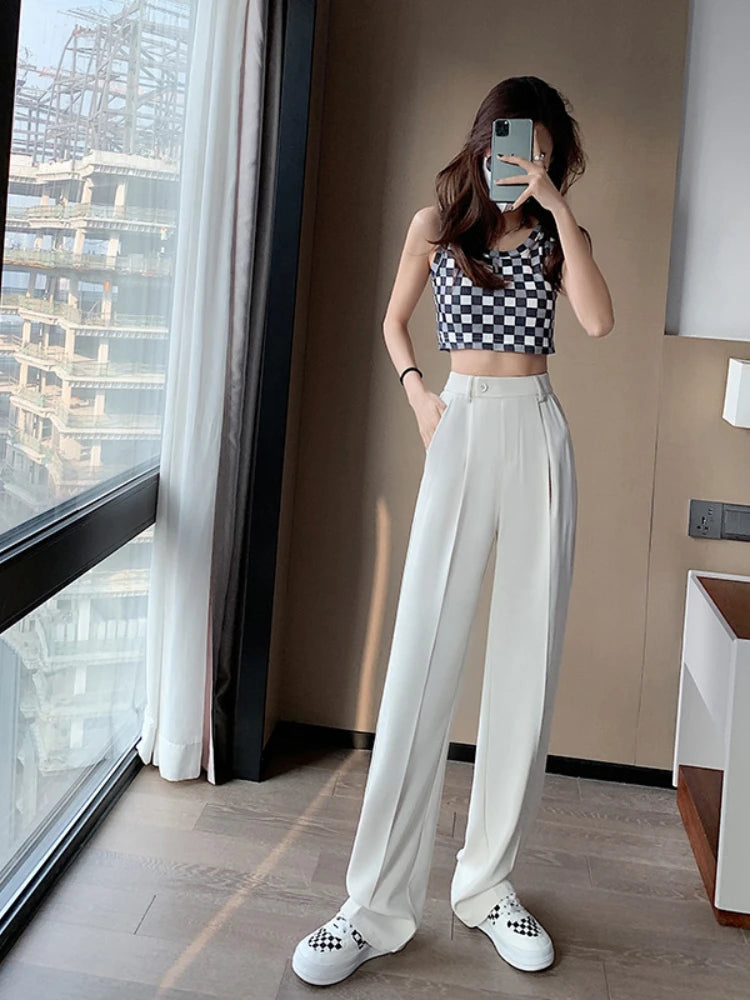 Woman Wide Leg Pants Casual Summer Loose Button Female Ice Silk Floor-Length Office Ladies Suits Pants Ladies Long Trousers