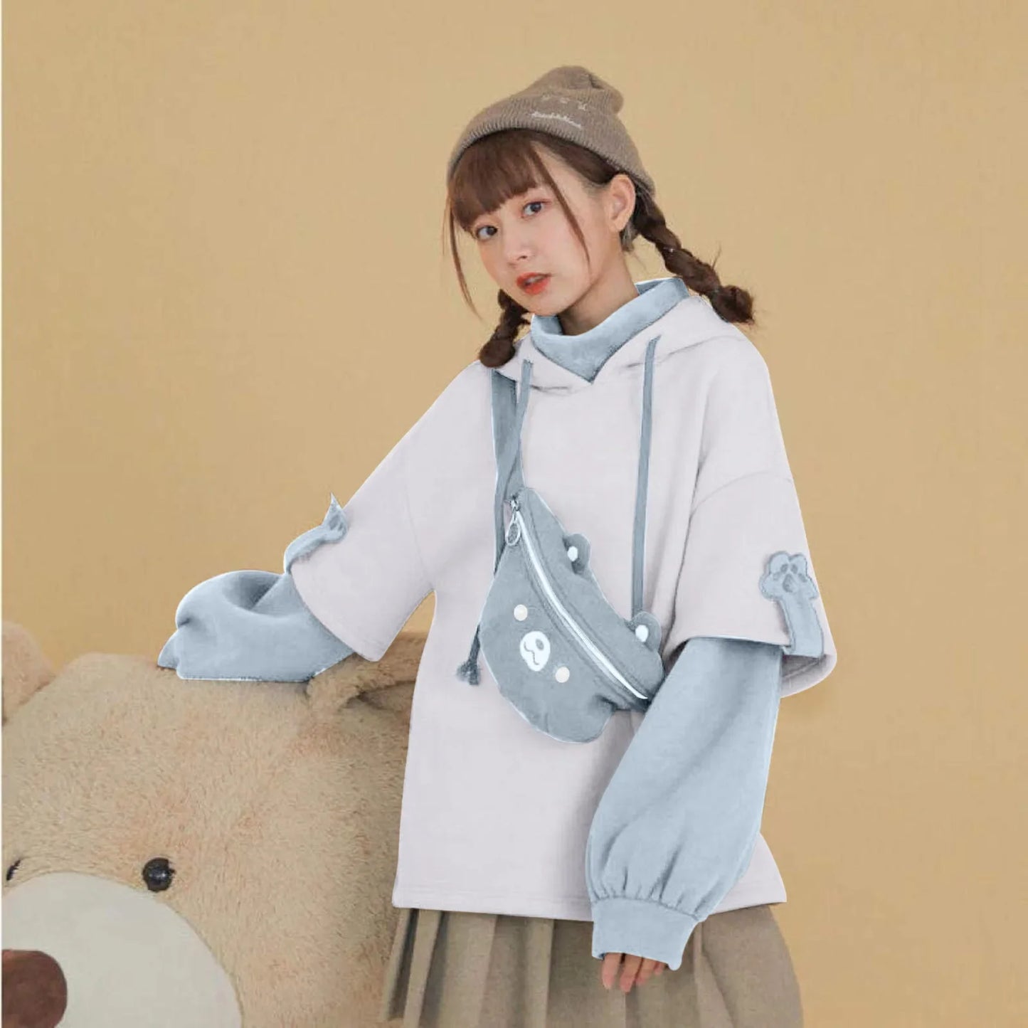 Kawaii Cute Oversize Hoodie With Bear Bag Womens Autumn Patchwork Sweatshirts Pullovers Japanese Streetwear Aesthetic Hoodies