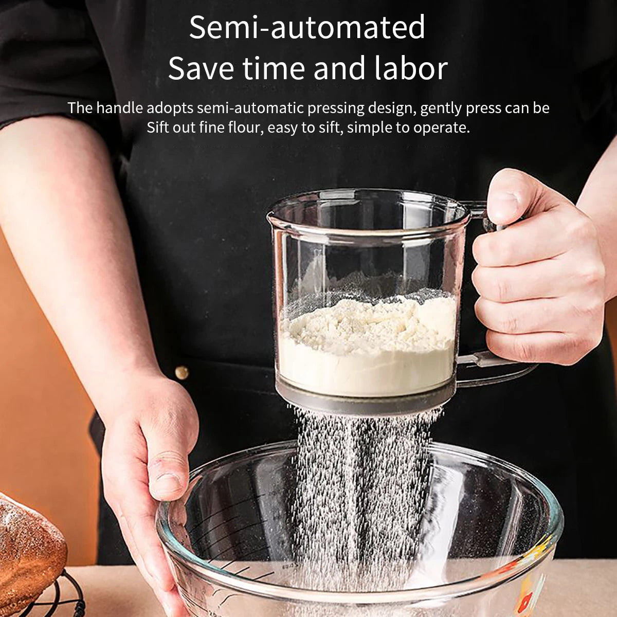 Kitchen baking, cake flour sieve, 40 mesh semi-automatic filter sieve, flour sieve with capacity scale