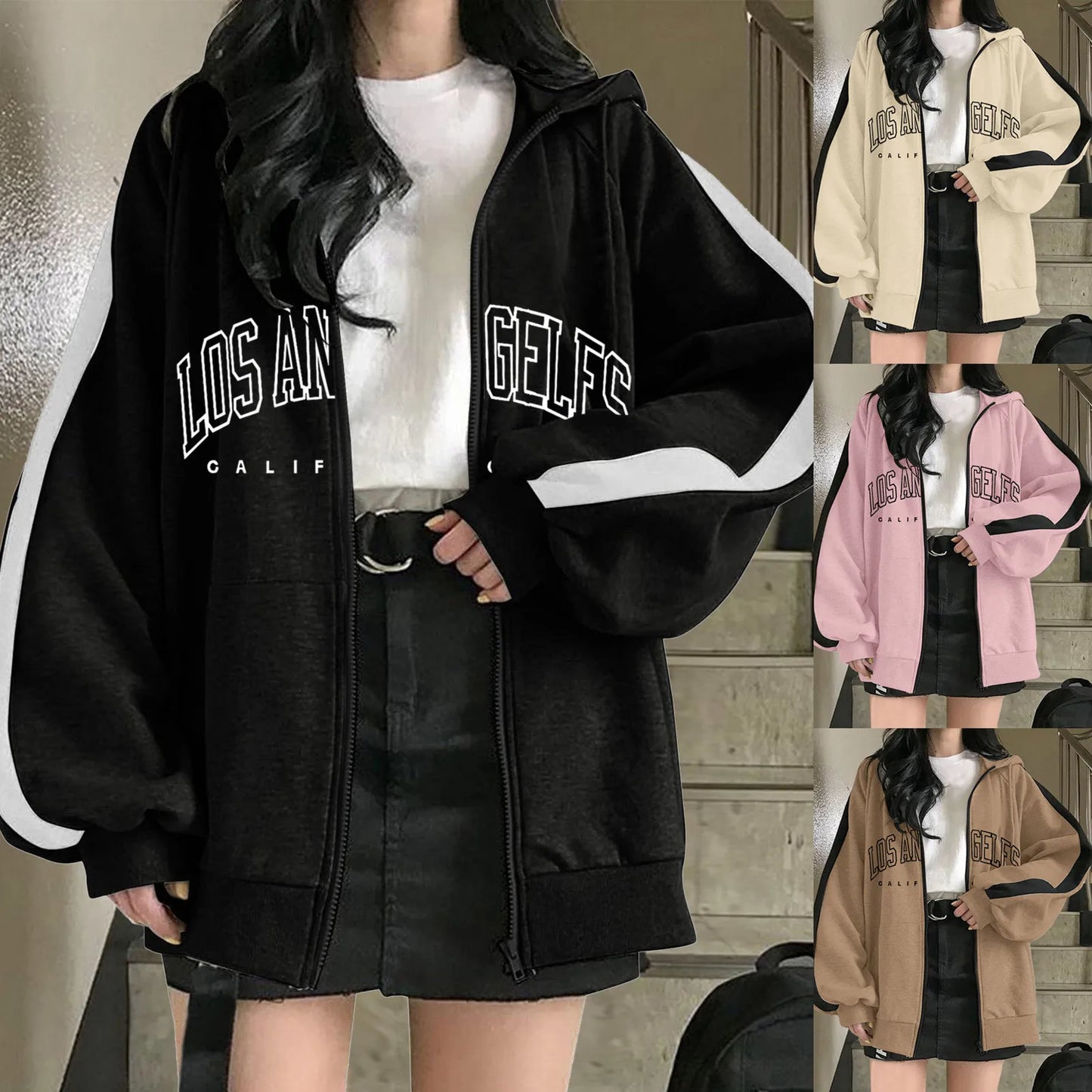 Women Hoodies 2024 Autumn Retro Solid Color Zip Up Oversized Sweatshirts Harajuku Korean Version Long Sleeve Hooded Jackets Coat