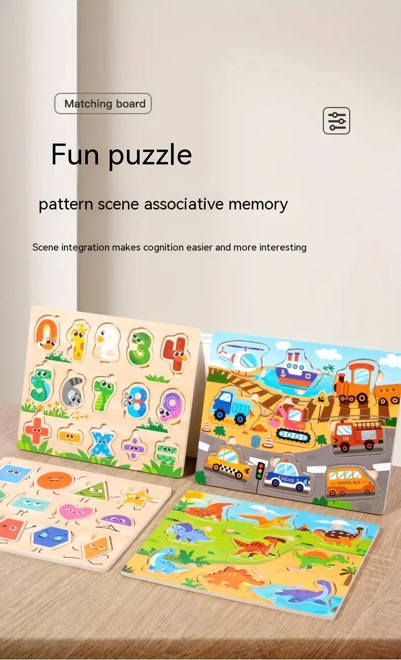 Montessori Wooden Puzzles Hand Grab Boards Tangram Jigsaw Toys Baby Educational Toys Cartoon Vehicle Animals Fruits 3D Puzzles